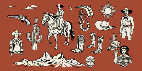 Vintage western cowboy and cowgirl elements collection with horse cactus mountains and sun