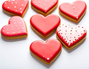 Heart-shaped cookies with red icing and white polka dots