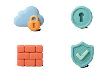 Set of modern 3D icons for internet security concepts like cloud data protection, firewall, access lock, and safety shield