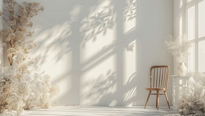 A sunlit, minimalist room with pale beige walls,  a wooden chair, and  muted floral arrangements.  Soft shadows fall across the wall from an out-of-frame window