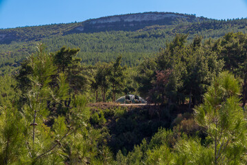 Historic artillery gun hidden in forest hills at Turgut Reis Bastion in &Ccedil;anakkale, Turkey