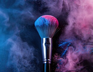 A makeup brush, head covered in vibrant pink and blue powder, rests amidst swirling colored smoke on a dark background