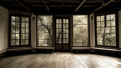 Fototapeta premium An empty room with large windows overlooking a garden