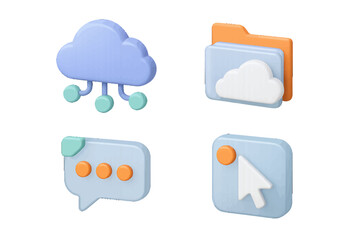 Set of 3D user interface icons for web and mobile applications featuring cloud computing, online storage, messaging, and cursor click symbols