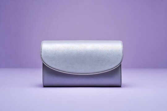 Silver clutch purse with metal trim on a light purple background - Powered by Adobe