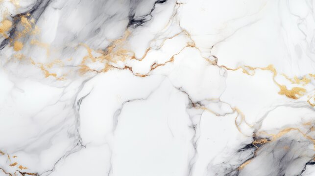 A white and black marble countertop with gold accents.