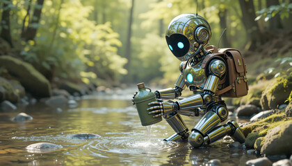 A retro-style android explorer with a backpack kneeling beside a tranquil forest stream to collect fresh water in a canteen