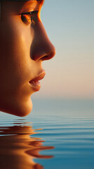 Profile of serene woman face reflected in calm water, soft sunset light, abstract surreal mood, smooth skin, peaceful expression, tranquil atmosphere, artistic concept