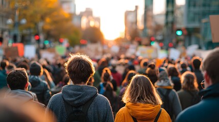 Diverse Crowd Participating in Peaceful Protest at Sunset in Urban Environment