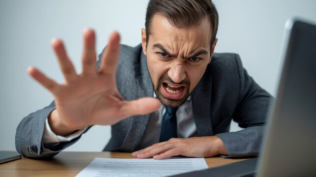 The Bad News Reaction. male professional is sitting at his desk, slapping his hand down on the table with a look of intense frustration. He is staring at a document or his laptop screen with a mix