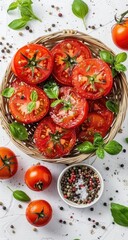 Sliced tomatoes in a shallow woven basket, surrounded by fresh basil leaves and peppercorns.  A top-down view on a white surface
