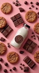Chocolate cookies, milk, and chocolate pieces arranged on a pink surface