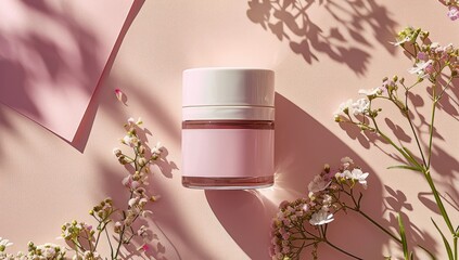 Pink cosmetic jar, flowers, sunlight shadows