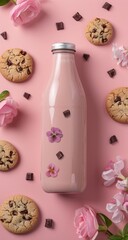 Pink drink bottle surrounded by cookies, chocolate chips, and flowers