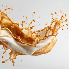 Fototapeta premium A dynamic coffee and milk splash with a captivating liquid art form, showcasing the perfect blend and movement of the beverage