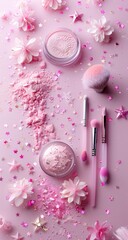 Pink cosmetic products arranged on a pink background.  Scattered glitter, flowers, and star confetti adorn the scene.  Three makeup brushes and a jar of loose powder are visible