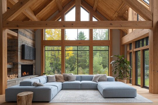 Living room with fireplace and big window, light blue sofa in foreground. Use in interior design and real estate advertisement, highlight natural light.