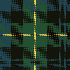 Seamless tartan plaid pattern in green, navy blue, black, and yellow stripes. Classic Scottish-inspired fabric texture ideal for textiles, fashion, backgrounds, and holiday designs.