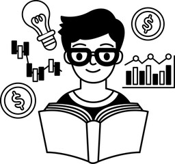 black and white illustration of A man is reading a trading book