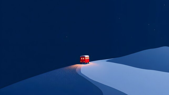 Minimalist Red Vehicle Driving on Snowy Terrain Under Starry Night Sky
