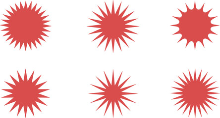 Six Red Starburst Shapes with Sharp Points on a White Background Keywords: starburst, red, shape, graphic, design, element, star, burst, explosion, sun, ray, point, sharp, jagged, isolated, white