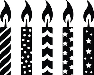 Black Silhouette Birthday Candles with Different Patterns on White Background celebration party