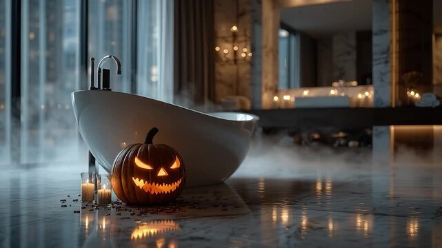 Mysterious Halloween Scene: A spooky Halloween setting featuring an illuminated carved pumpkin with a menacing grin, a modern bathtub, and soft candlelight.