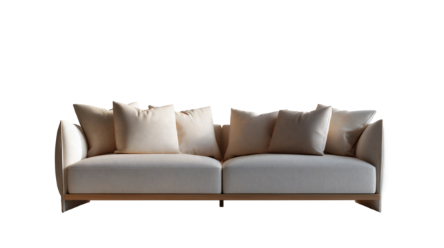 Modern minimalist two seater sofa with light gray fabric upholstery cream throw pillows wooden base frame isolated on transparent background.