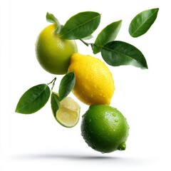 Fresh and juicy lemons and limes, adorned with vibrant green leaves, appear to be floating in the air. The image captures the refreshing essence of the citrus fruits.