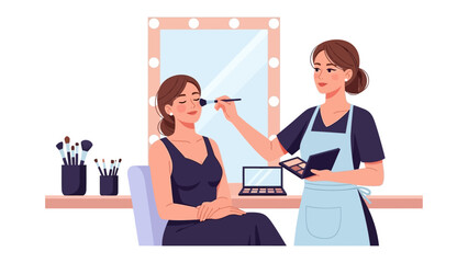 Professional makeup artist applying cosmetics to a smiling woman in a glamorous dressing room setting