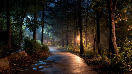 Obraz premium Pathway illuminated by streetlights through a misty forest at night time scene