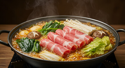 Delicious Korean Hot Pot with Meat and Vegetables.