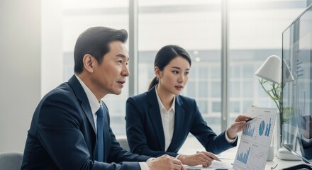 Two business professionals discussing financial data on a computer screen in a modern office setting.