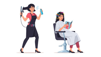 Professional hairstylist blow drying client s hair while client reads magazine in salon chair