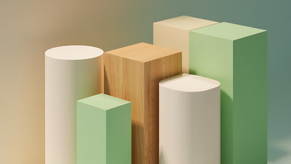 Minimalist arrangement of geometric shapes including cylinders and cubes in pastel and wood tones