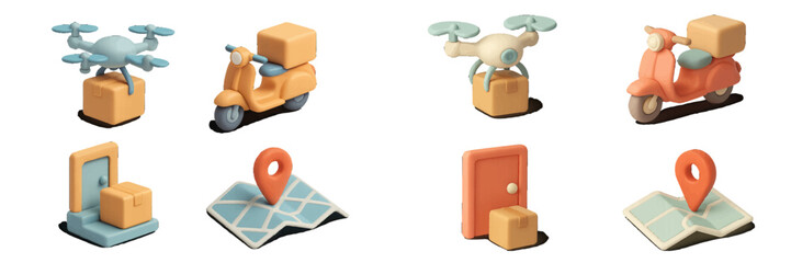 Fototapeta premium 3D style delivery service icons with drone, scooter, map pin, and doorstep package for e-commerce and logistics concepts