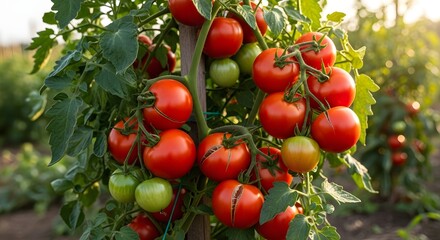Juicy Red Tomatoes Growing on the Vine in a Lush Garden