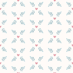 Seamless watercolor pattern with pastel pink hearts and blue leaves on white background. Perfect for kids fabric, nursery decor, Valentine’s Day, wedding stationery, wrapping paper and cute textile