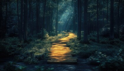 Fototapeta premium A wooden path crosses a stream in a dense, atmospheric, dark forest. Perfect for themes of journey, mystery, nature, or finding your way.
