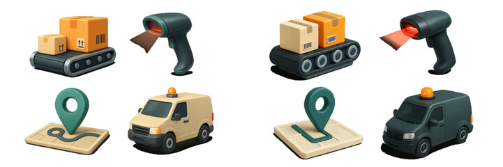 Obraz premium Logistics and delivery icon collection with conveyor belt, cardboard box, barcode scanner, delivery van, and map location pin