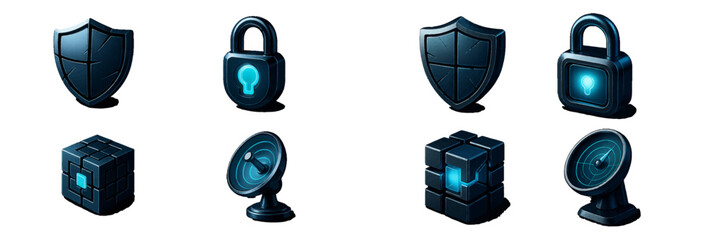 Futuristic 3D cybersecurity icon set with glowing blue shield, lock, cube, and satellite dish for data protection and network technology concepts