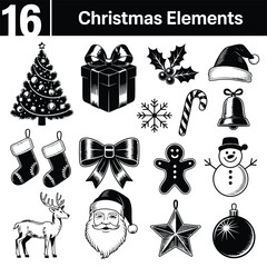A vector Christmas icons set with holiday ornaments, a festive tree, and a gift box