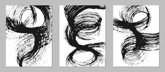 Set of abstract backgrounds. Black ink brush strokes, patterns, posters, cover.	