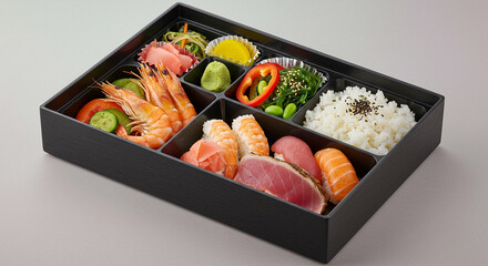 Delectable sushi bento box featuring fresh shrimp, tuna, salmon, rice, and vibrant accompaniments