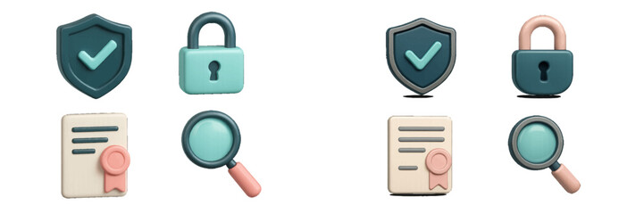 3D security elements with shield, lock, certified document, and magnifying glass for data protection and online privacy concepts