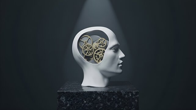 A conceptual representation of the human mind, with gears symbolizing thought processes.