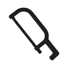 Black silhouette of a hacksaw tool on a white background for construction and diy projects