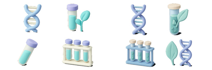 3D science icon set with DNA helix, test tubes, and plant leaf for biology, genetics, and laboratory research concepts