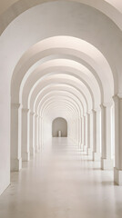 Minimalist white arched hallway with repeating columns and soft lighting.