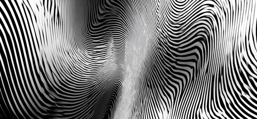 A dynamic black and white abstract design featuring swirling stripes, creating a visually striking and mesmerizing effect.